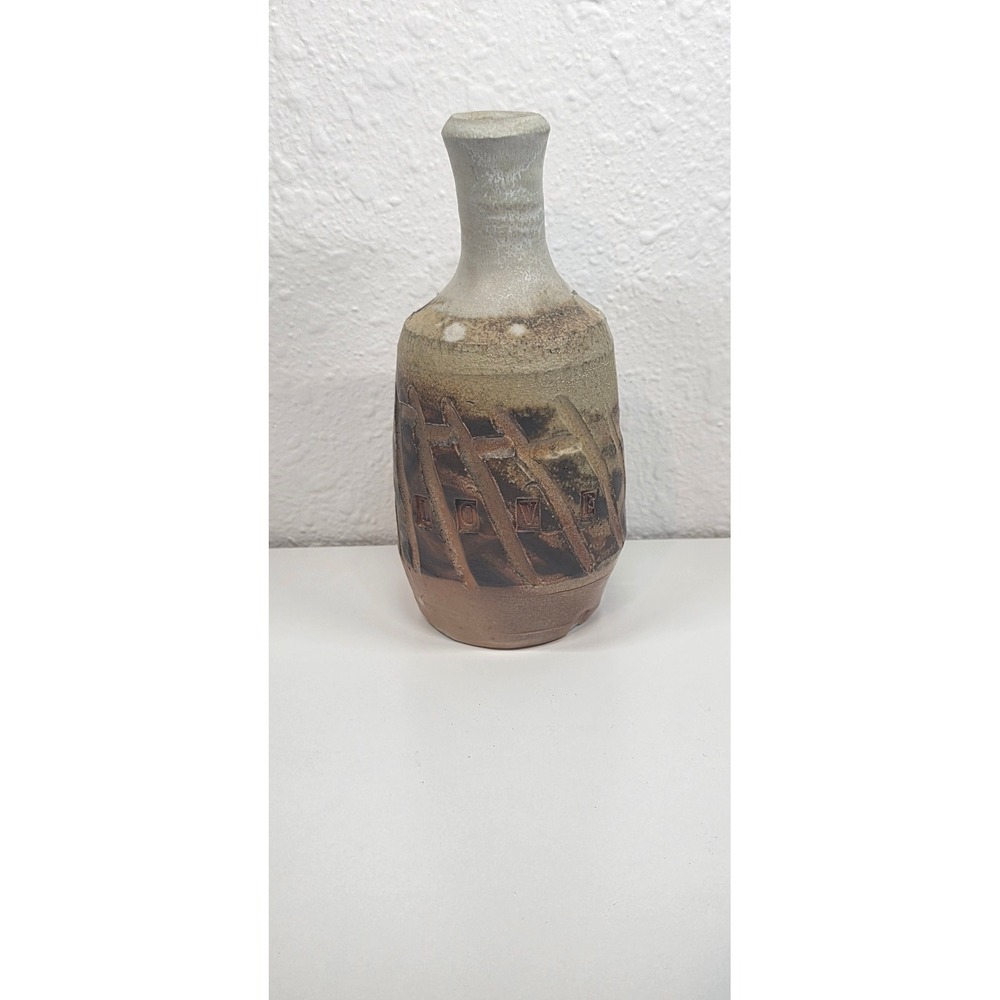 Vintage‎ Studio Art Pottery Vase Textured "LOVE" Glazed Earth Tones